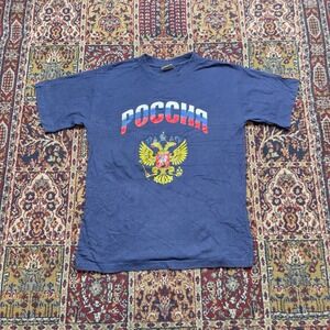 VTG 90s Russia Rossiya Double Headed Eagle Graphic T-Shirt Navy Blue Mens Large